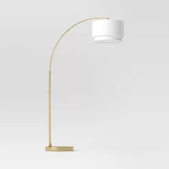 68"x41" Knurled Metal Arc Floor Lamp With Tiered Shade Brass - Threshold™: Curved Standing Illumination For Living Room